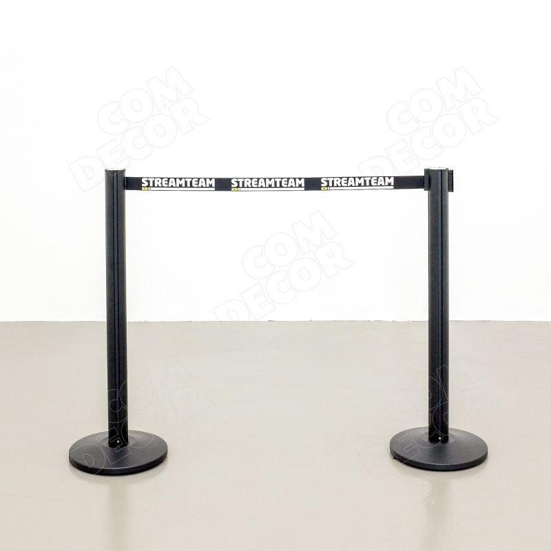 Barrier posts and branded retractable belt